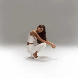 Model wearing a white tank top and white trousers crouches against a seamless grey backdrop.