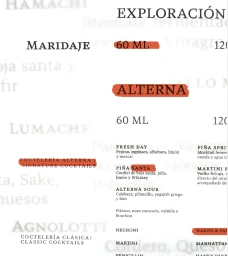 Cocktail menu page with typographic headings and cocktail descriptions on white paper
