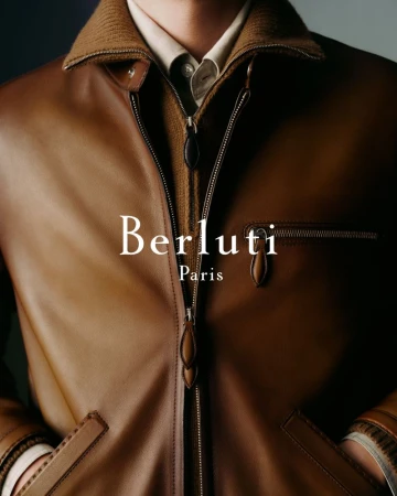 Close-up of a man wearing a brown leather jacket with zipper. Berluti brand logo visible on the left. Fashion advertisement.