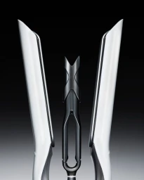 Symmetrical product shot of sleek white hair styling tools with a central black accent against a gradient grey background.