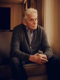 Portrait of Michael Douglas seated in a chair wearing a grey zip-up sweater for LA Times by photographer David Urbanke.