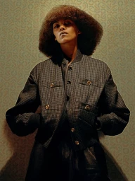 Model with voluminous afro hair wearing a patterned tweed bomber jacket against a patterned wall