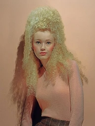 Model with voluminous blonde beehive hair wearing a pink top against a neutral peach backdrop in a New Wave editorial