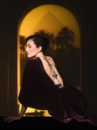 Woman wearing a dark velvet gown and beaded statement necklace posing against a lit archway showing palm tree silhouettes.
