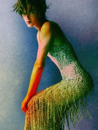 Model Lisa Louis Fratani in a sequined fringe dress posing against a textured background with warm and cool lighting.
