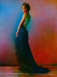Model in a long black feathered gown posing against a gradient background lit with blue and orange tones.
