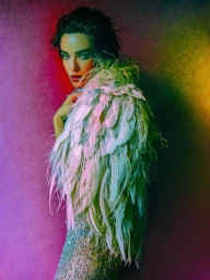 Model wearing a feathered cape and embellished dress against a colorful gradient background