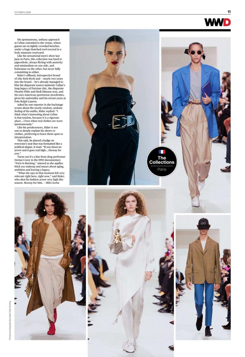 Magazine page layout featuring multiple models wearing designer fashion collections by Michael Rider for WWD