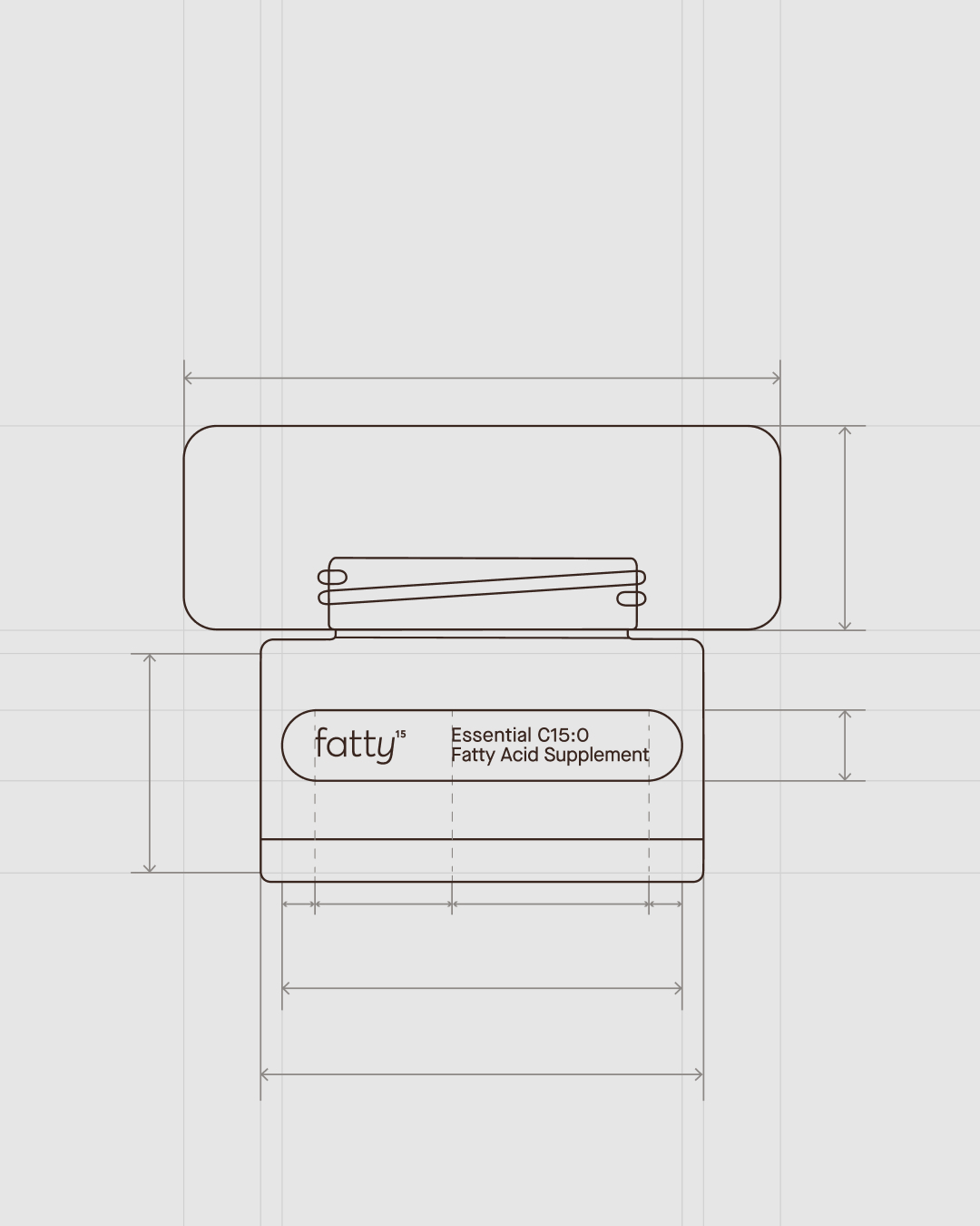 Technical line drawing of supplement packaging design with dimension arrows on a light grey background