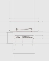 Technical line drawing of supplement packaging design with dimension arrows on a light grey background