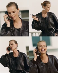 Eva Herzigova in a dark leather jacket holding a retro mobile phone in a four-panel grid photograph for Jacquemus.