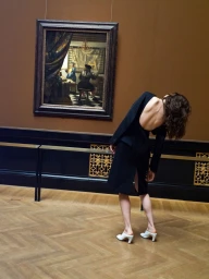 Model Anna de Rijk wearing a black backless dress and white mules posing in a gallery with a painting.