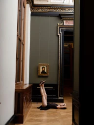 Model lying on parquet floor with legs raised in museum gallery for Le Monde Beryl campaign