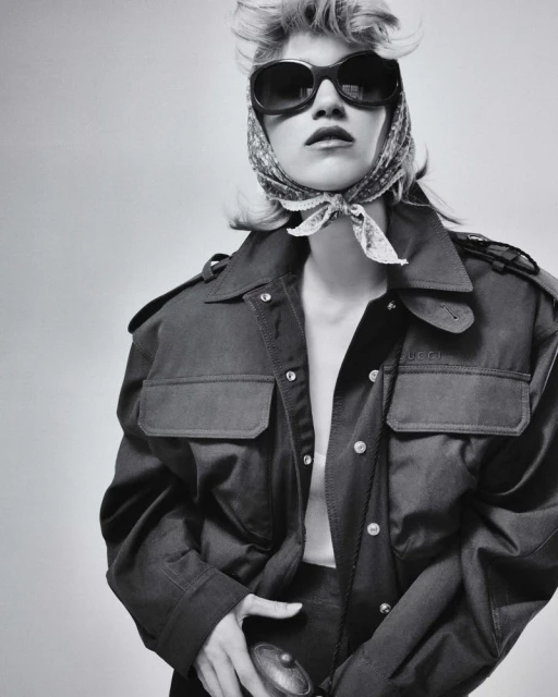 Black and white fashion shot of an adult female wearing sunglasses and a headscarf, with a jacket, posing indoors in a photo studio.
