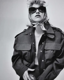 Model wearing dark sunglasses, a patterned headscarf, and a dark utility jacket against a plain background.