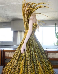 Model wearing an elaborate floor-length gown and feathered collar made from yellow and black patterned feathers.