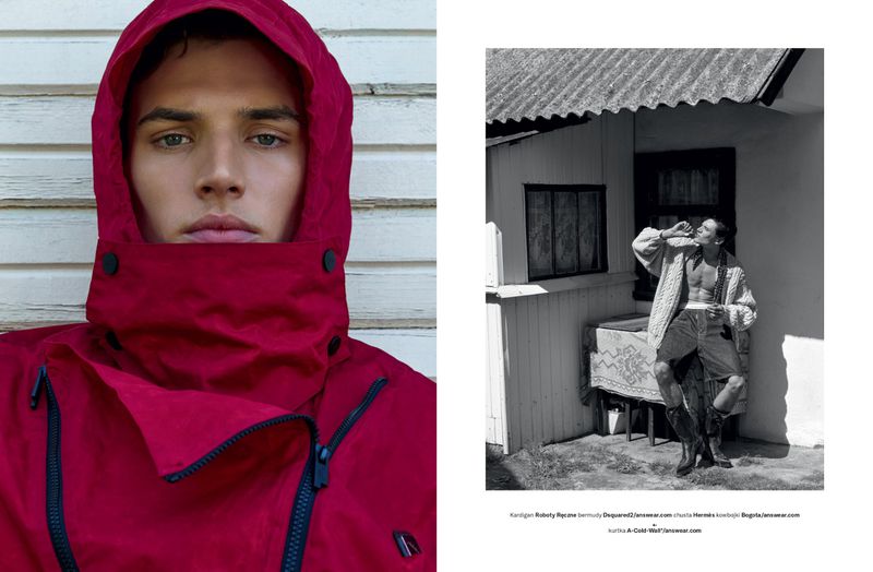 Man wearing a vibrant red hooded jacket with dark zippers in a close-up portrait beside a black-and-white editorial shot