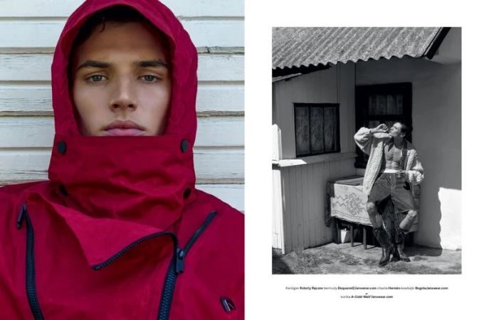 Man wearing a vibrant red hooded jacket with dark zippers in a close-up portrait beside a black-and-white editorial shot