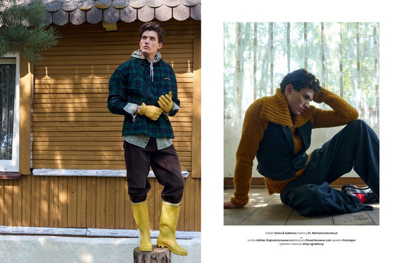 Diptyque fashion editorial layout featuring a male model standing outdoors in yellow boots and a plaid jacket beside a wooden wall.