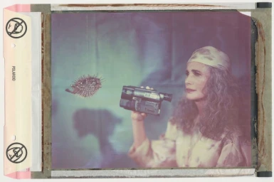 Andie MacDowell holding a video camera while looking at a floating pufferfish inside a polaroid frame