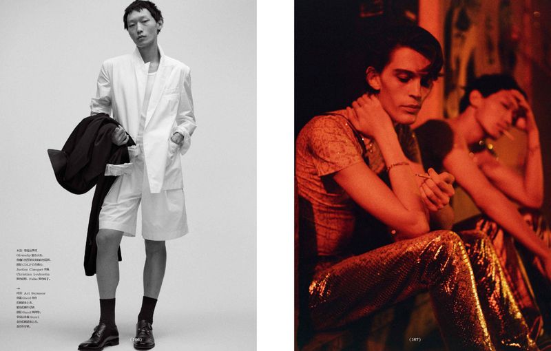 Two fashion editorial layouts featuring a man in a white suit on the left and two men in warm red lighting on the right.