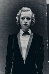 Model Sasha Krivko wearing a dark velvet dress with a white collared inset in a portrait by Thomas Hauser for Crash Magazine.