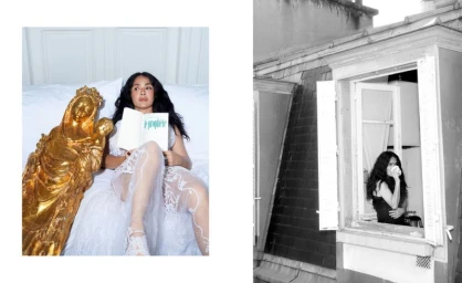 Salma Hayek posing with a golden statue in bed and looking out a window for The Cut editorial