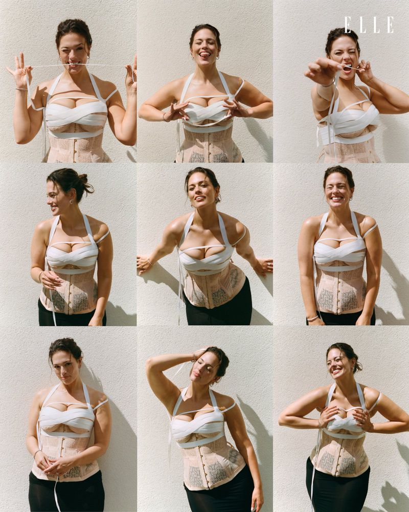 Ashley Graham in a white corset top posing across a grid of nine frames for Elle Netherlands.