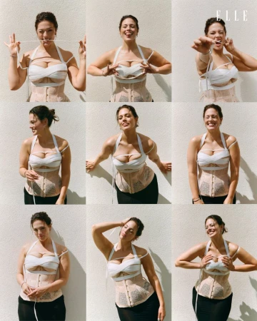 Ashley Graham in a white corset top posing across a grid of nine frames for Elle Netherlands.