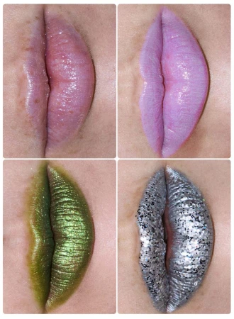 Close-up of four distinct lip makeup looks featuring gloss, lavender lipstick, metallic green shadow, and silver glitter.