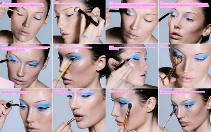 Step-by-step beauty tutorial featuring model Meredith Duxbury applying vibrant blue eyeshadow and eyeliner against a plain background.