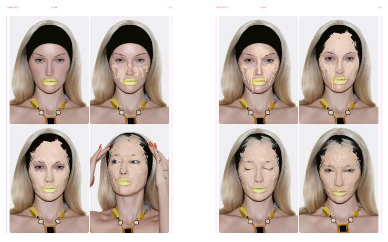Editorial spread of Meredith Duxbury applying foundation across her face in sequence steps, wearing a black headband and yellow lipstick