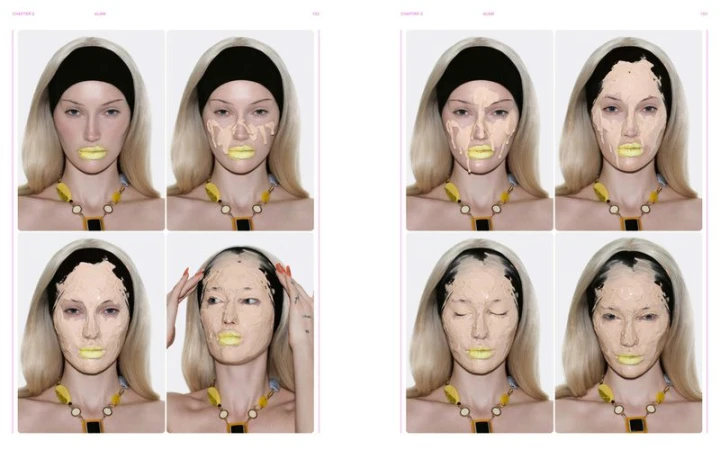 Editorial spread of Meredith Duxbury applying foundation across her face in sequence steps, wearing a black headband and yellow lipstick