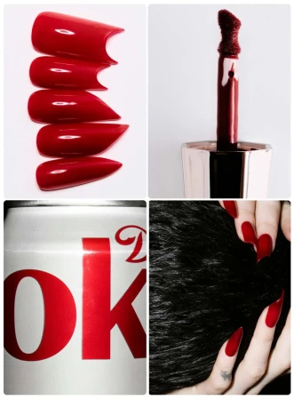 Four-panel close-up composition showcasing red glossy press-on nails, a lip gloss wand, a white soda can, and hands gripping dark hair.