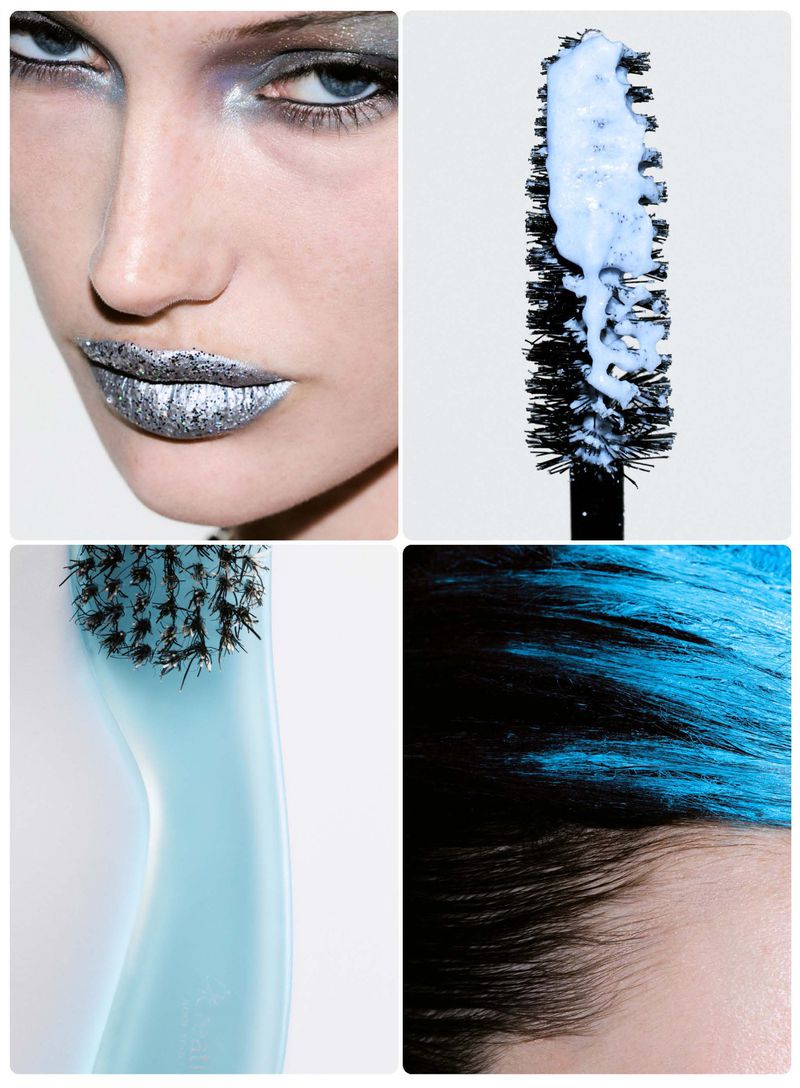 Four-panel beauty editorial featuring Meredith Duxbury with metallic silver lips, mascara wand, blue hair, and a hairbrush.