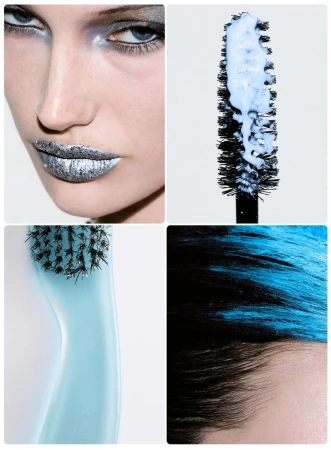Four-panel beauty editorial featuring Meredith Duxbury with metallic silver lips, mascara wand, blue hair, and a hairbrush.