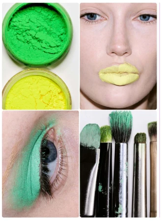Four-panel beauty editorial grid showing vibrant pigment jars, pastel yellow lips, mint green eyeshadow, and used makeup brushes.