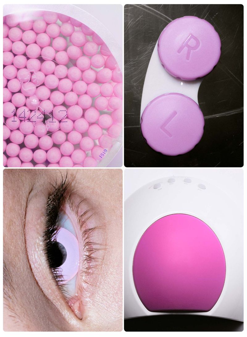 Four-panel macro composition showing pink contact lens spheres, a contact lens case, a close-up eye wearing a lens, and a UV nail lamp.