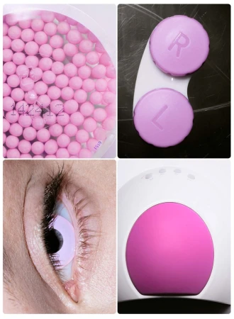 Four-panel macro composition showing pink contact lens spheres, a contact lens case, a close-up eye wearing a lens, and a UV nail lamp.