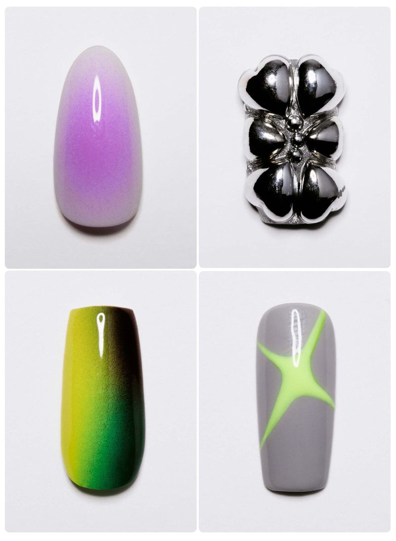 Four-panel close-up image displaying detailed nail art designs against a clean white background.