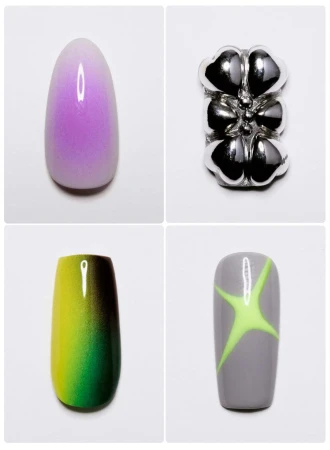 Four-panel close-up image displaying detailed nail art designs against a clean white background.