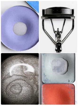 Four-panel beauty product layout showing purple powder, eyelash curler, shimmering metallic sphere, and dual cosmetic pans.