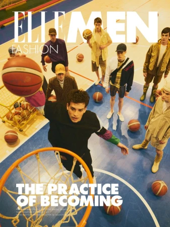 Group of male models on a basketball court holding basketballs with magazine typography overlay for Elle Men Thailand editorial.
