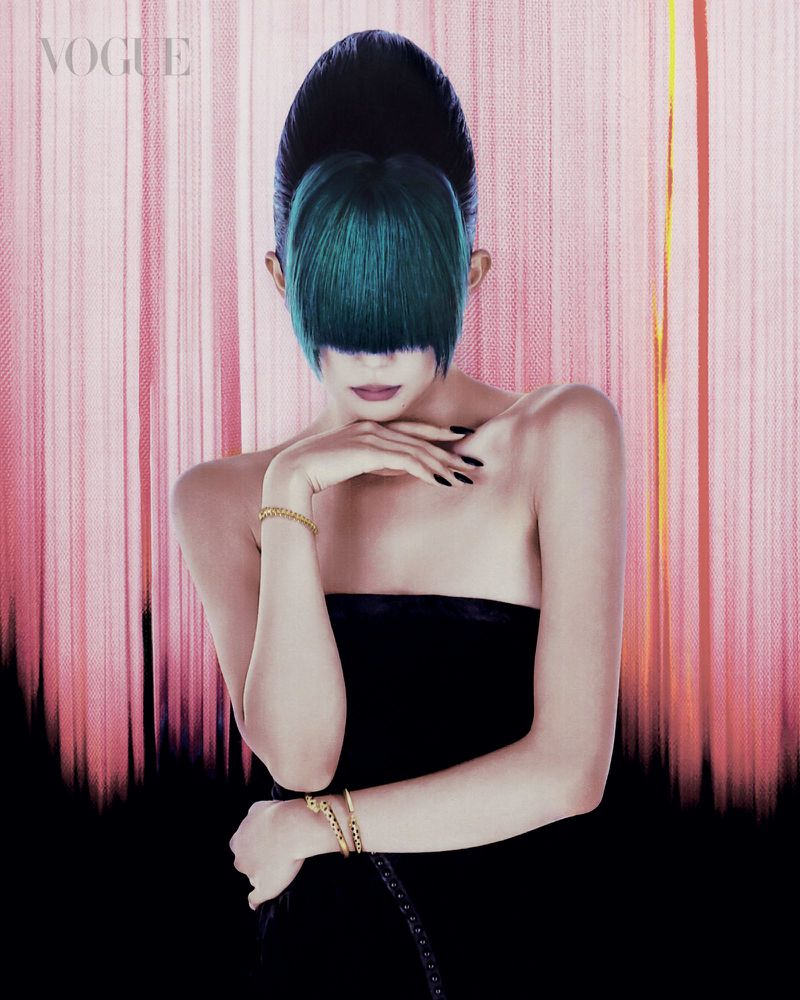 Model with teal bangs covering eyes wearing a black strapless dress against a textured pink background for Vogue Singapore October 2026 Covers