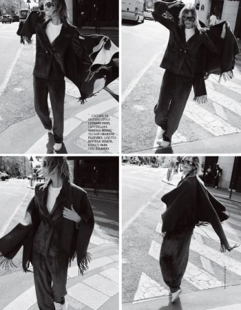 Four-panel black and white editorial featuring a model walking on a city street wearing a dark suit jacket and draped cape.