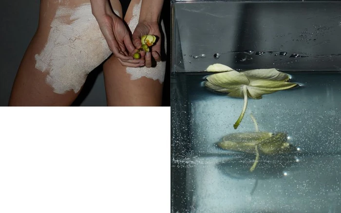 Split-composition image of a person with white painted skin holding flowers and an orchid floating in water