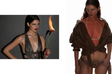 Model holding a flaming flower next to another view of the same model wearing patterned swimwear against a white background.
