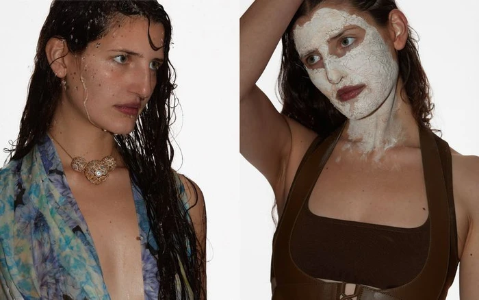 Close-up split view of a woman with wet hair wearing a patterned scarf and a gold necklace, and a woman with a white face mask wearing a brown top