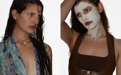 Close-up split view of a woman with wet hair wearing a patterned scarf and a gold necklace, and a woman with a white face mask wearing a brown top