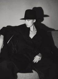 Model in black hat and dark coat seated against a wall casting a stark shadow, captured in monochrome.